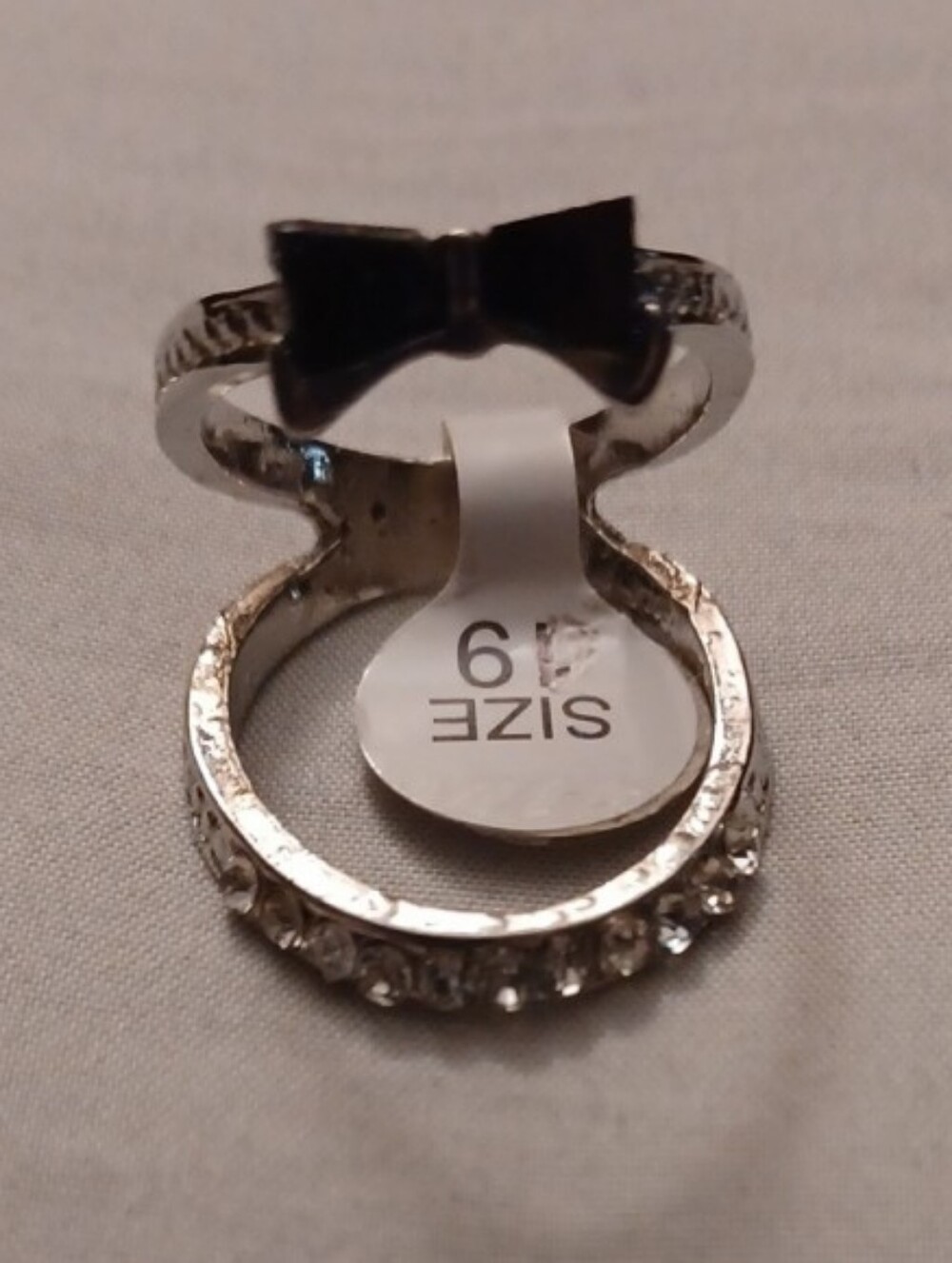 4/$60 New Silver Bow Accent Ring with Clear Crystal Band Angular Bend - Size 19